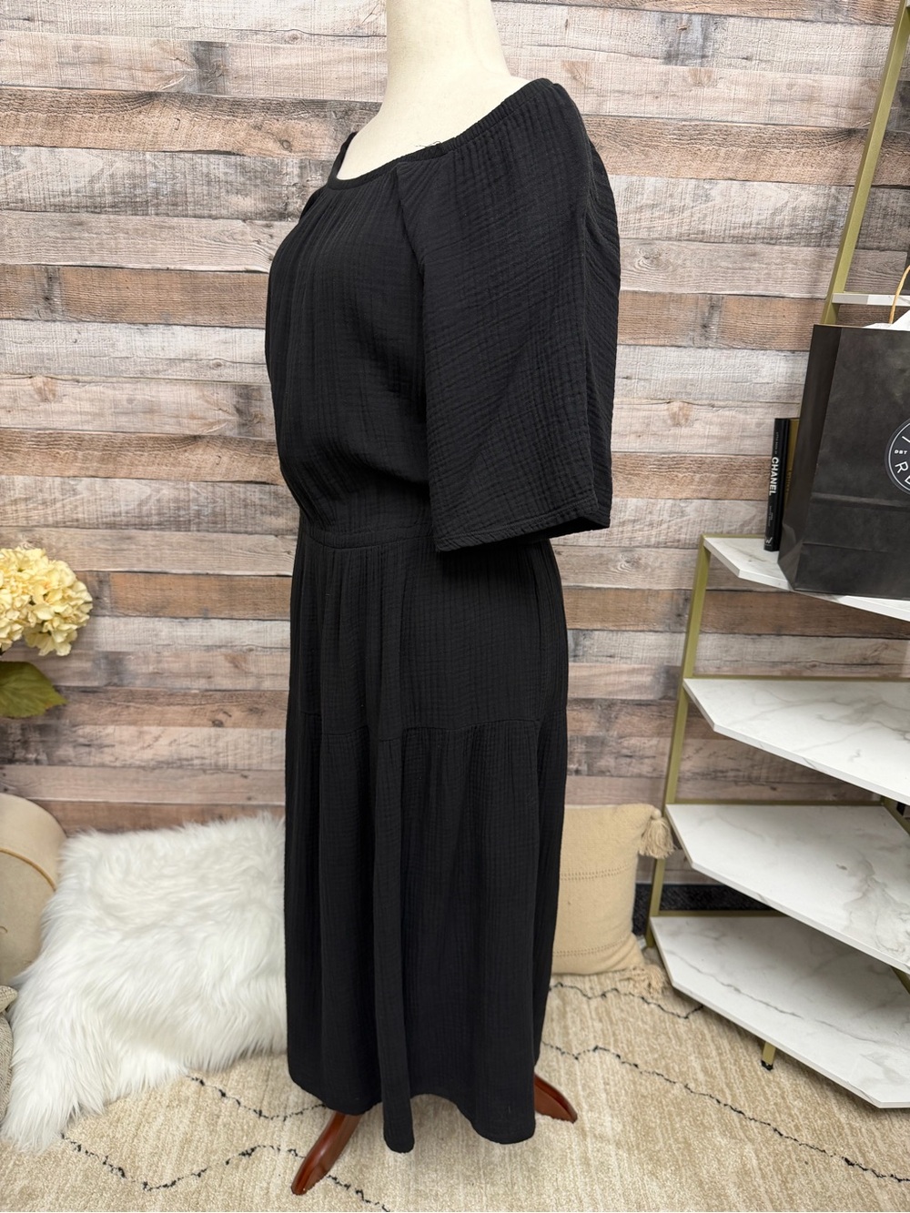 Nation Black Puff Sleeve Tie Black Dress M - Picture 4 of 6